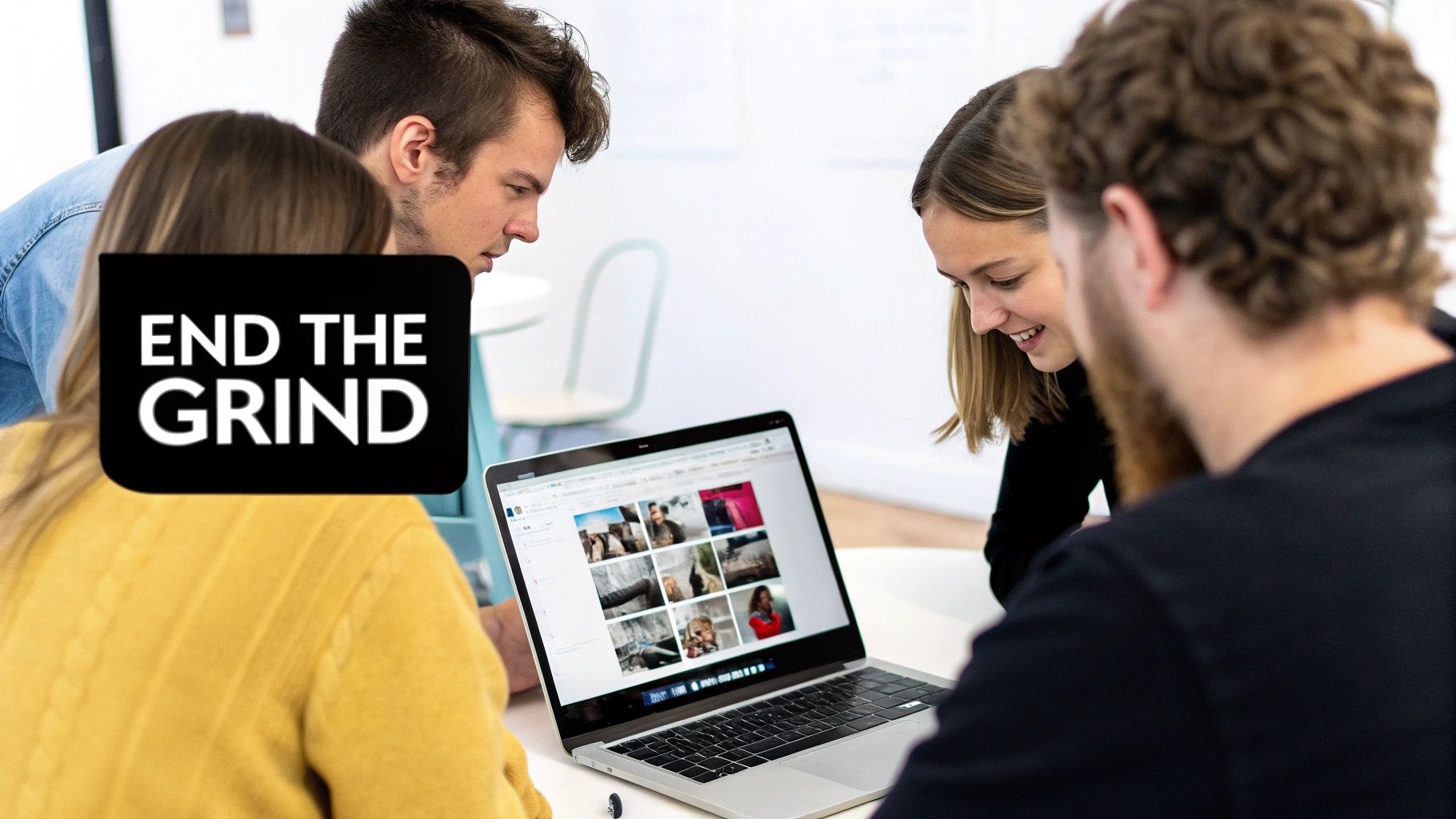 Four colleagues collaborate, looking at a laptop displaying a grid of photos, with 