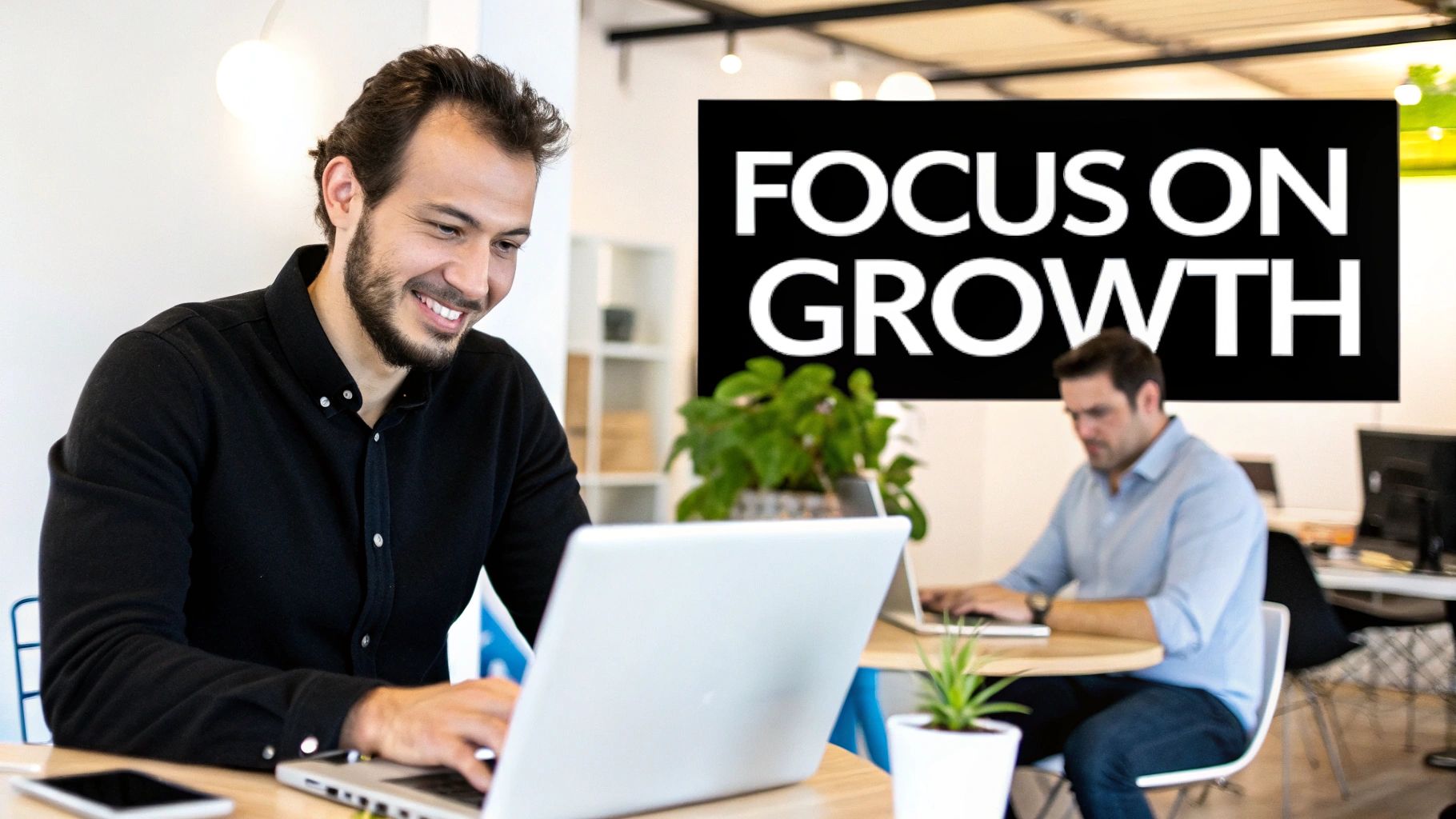 A smiling man works on a laptop in a modern office with a 