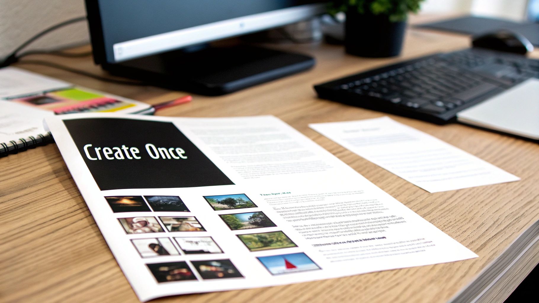 A document titled 'Create Once' with image thumbnails on a wooden desk, next to a computer setup.