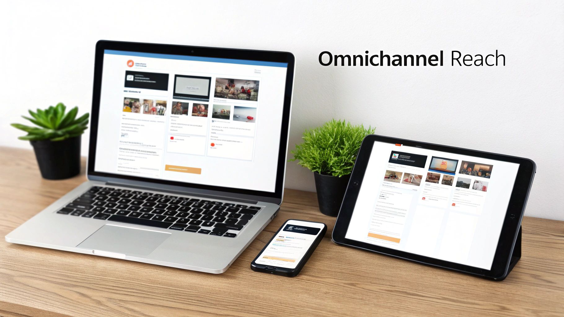 Laptop, tablet, and smartphone displaying a digital marketing platform, emphasizing omnichannel reach on a wooden desk.