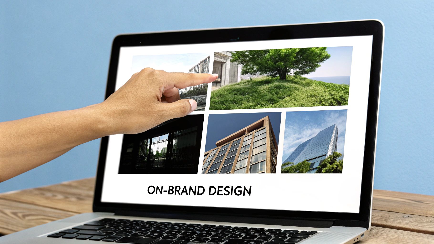 A hand points to a laptop screen displaying a grid of architectural and nature images with 'ON-BRAND DESIGN' text.