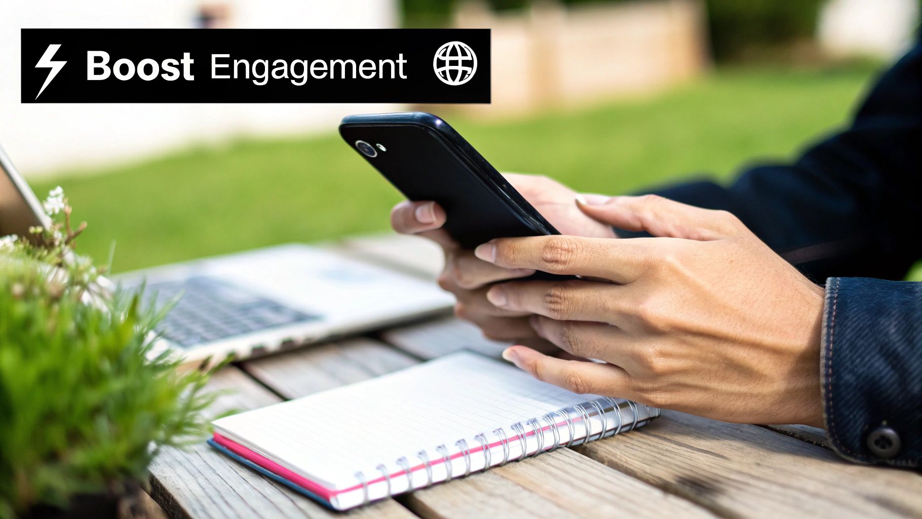 Person using a smartphone and laptop outdoors, boosting digital engagement in a natural setting.