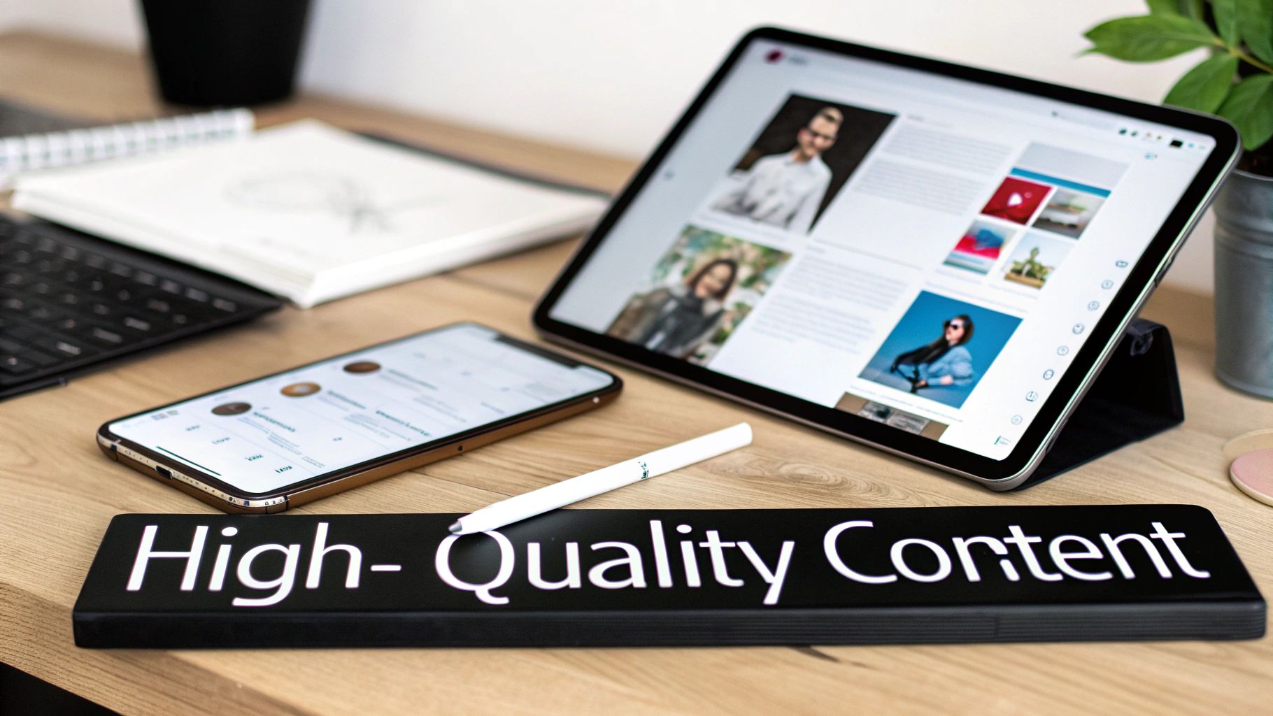 Digital tablet and smartphone displaying high-quality content on wooden desk with stylus pen