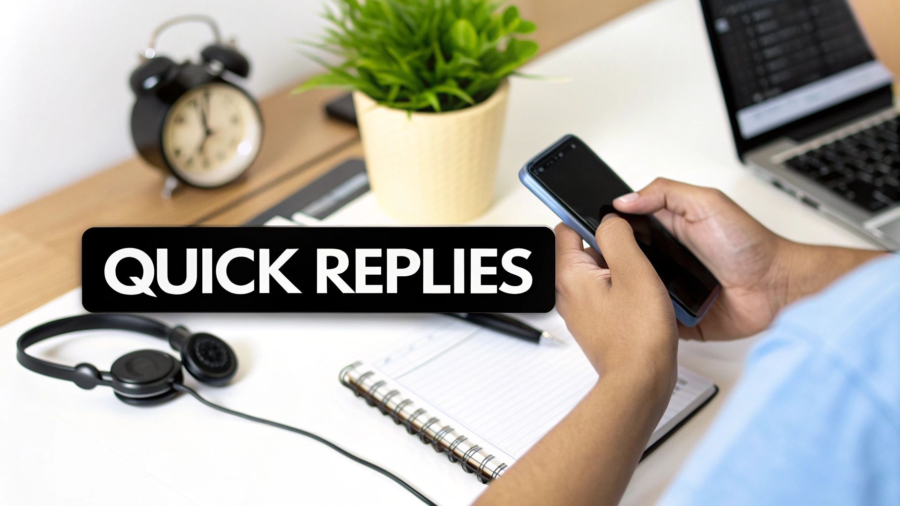Person using a smartphone at a desk with 'QUICK REPLIES' text, headphones, and laptop.