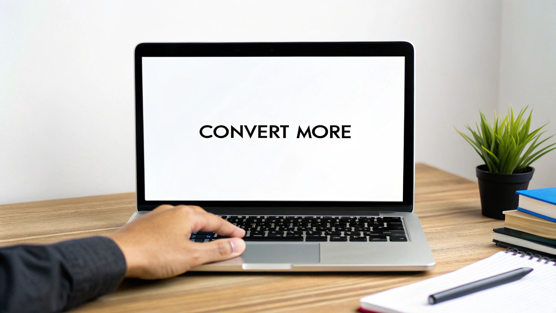 A person's hand types on a laptop displaying 'CONVERT MORE' on its screen, placed on a wooden desk.