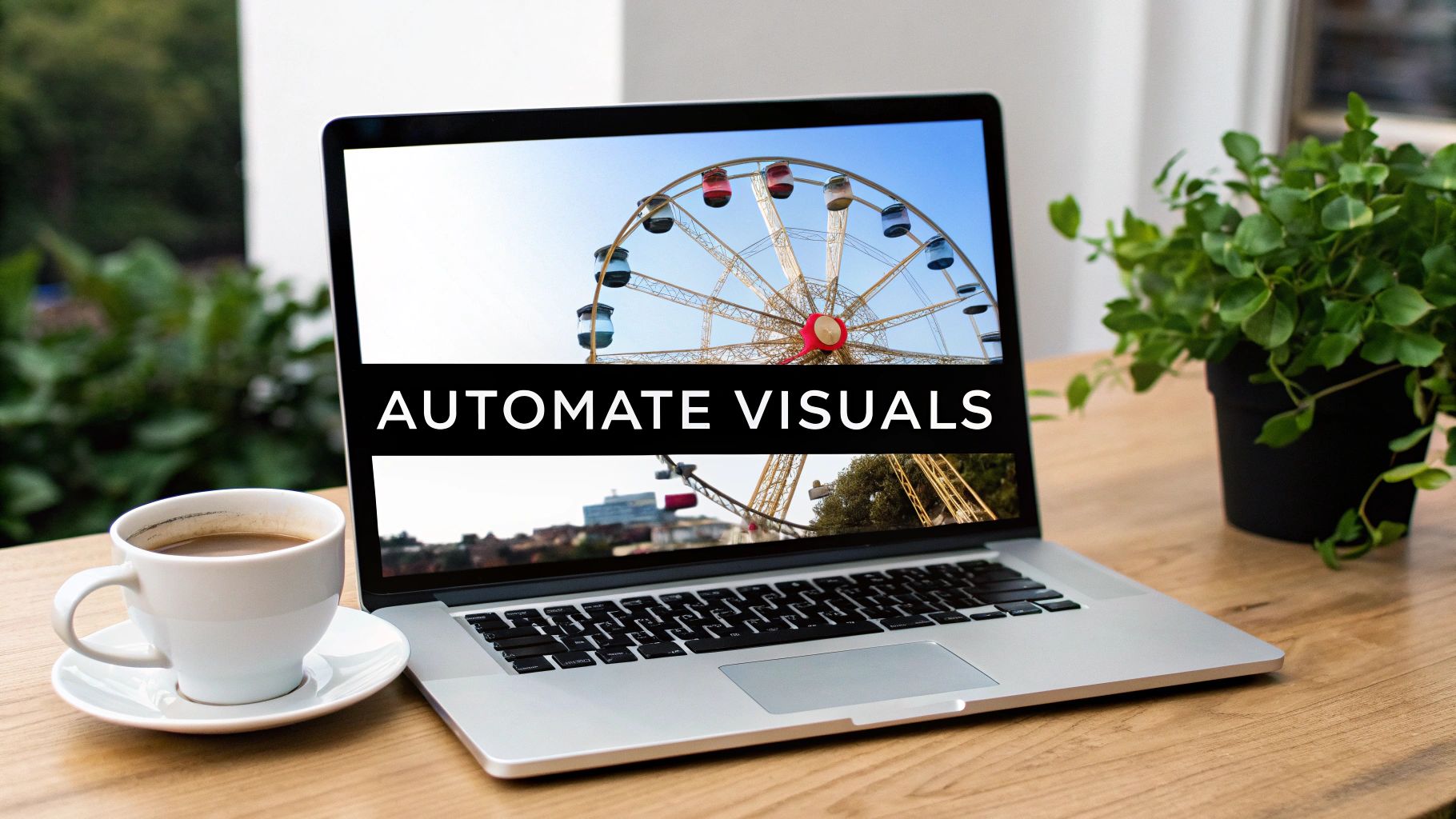 A laptop displays a Ferris wheel and 