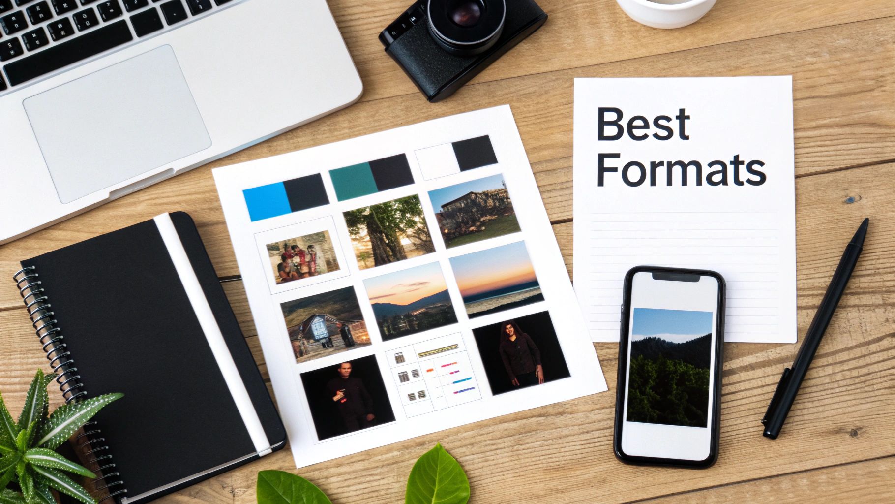 A flat lay of a creative workspace with a laptop, camera, photos, notebook, and smartphone on a wooden desk.