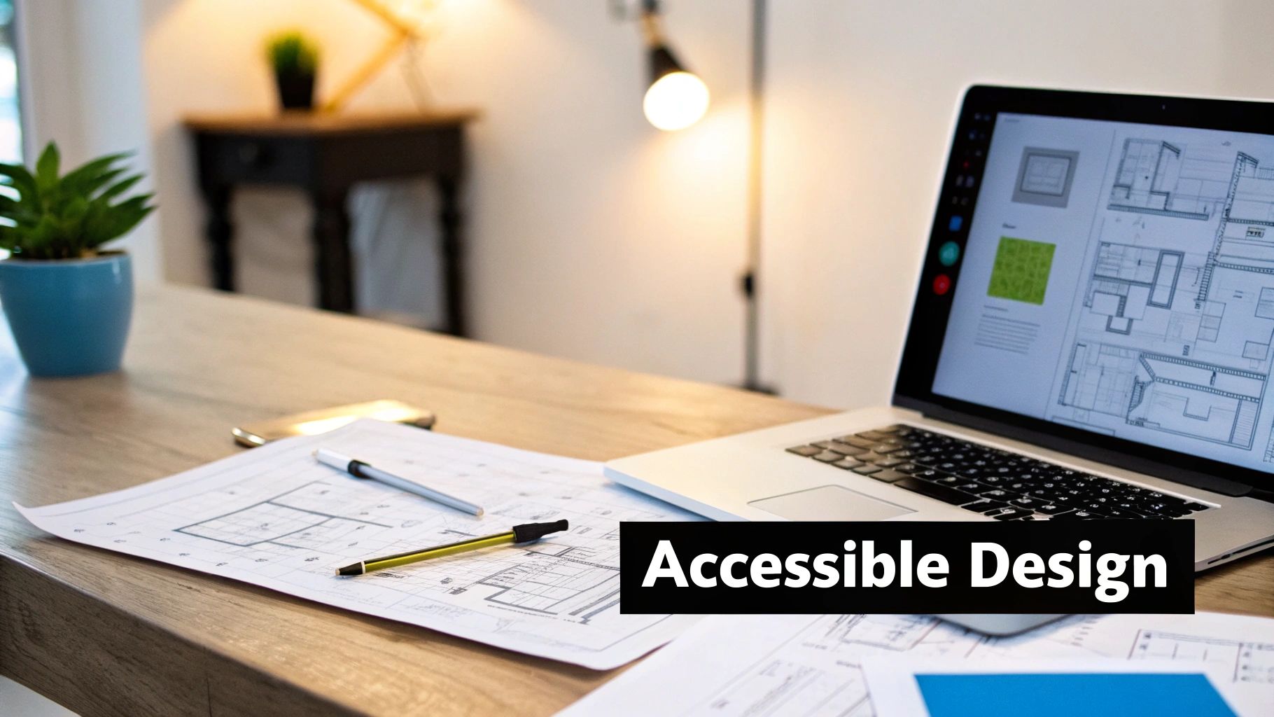 A laptop displaying accessible architectural designs sits on a wooden desk with blueprints, pens, and a plant.