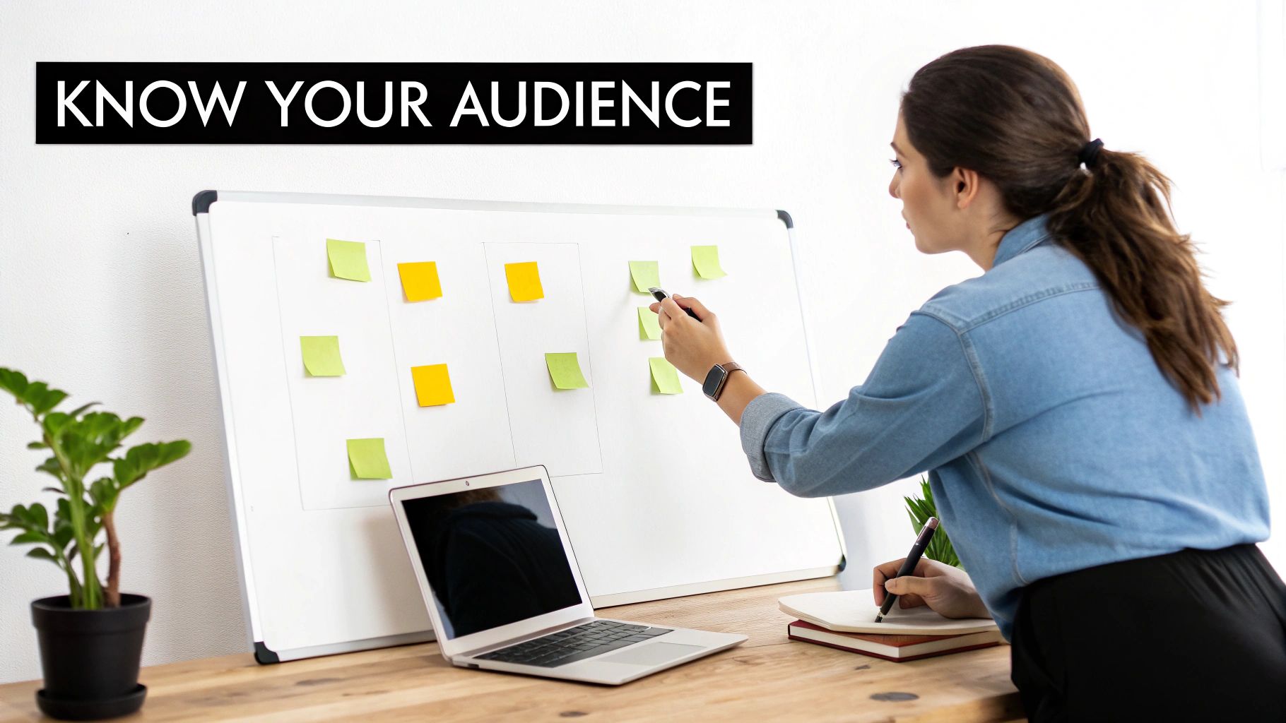 A team collaborating around a table with laptops and charts, focusing on audience personas and goals.