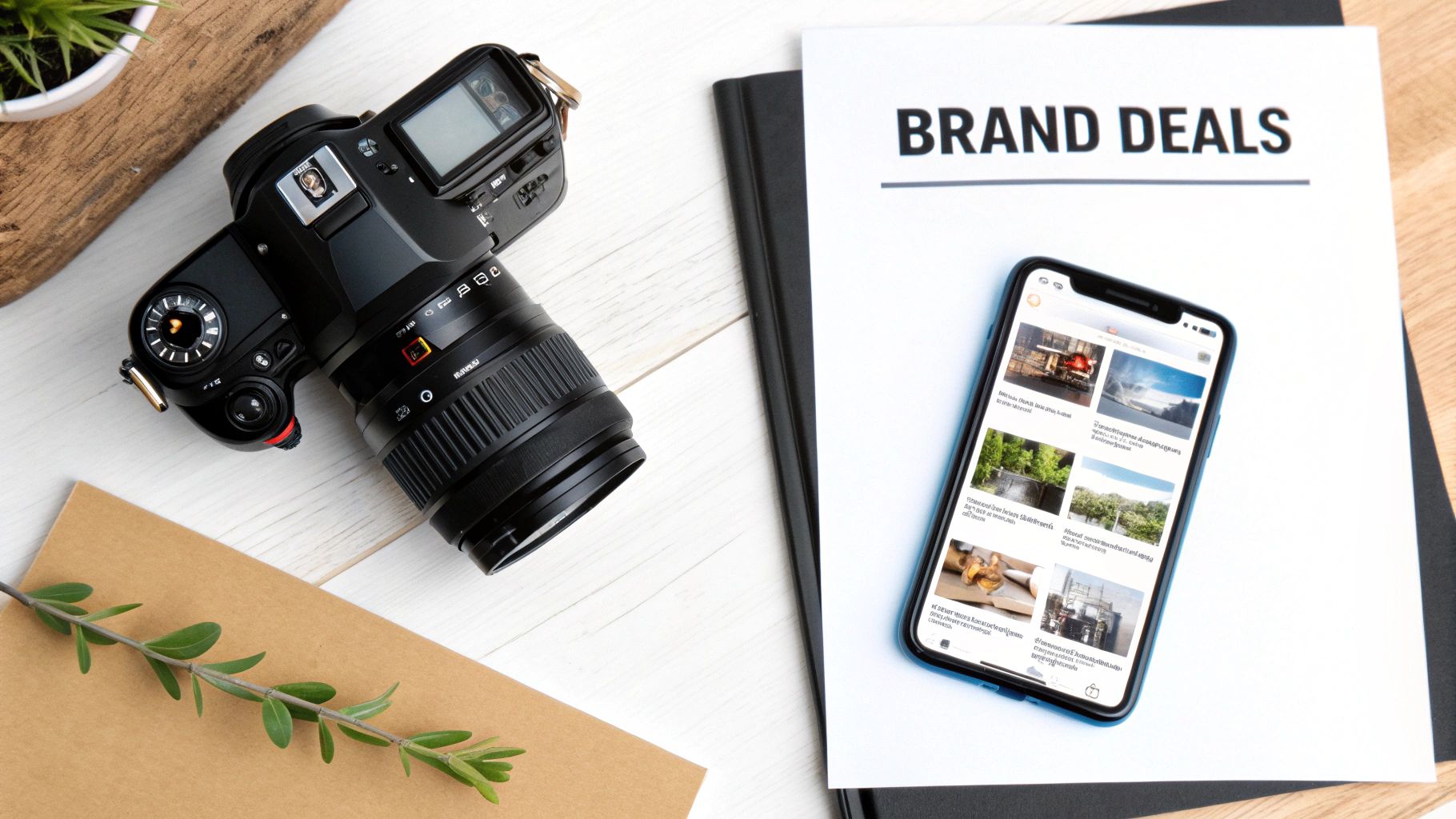 Flat lay of a camera, 'BRAND DEALS' document, and a smartphone displaying a social media feed.