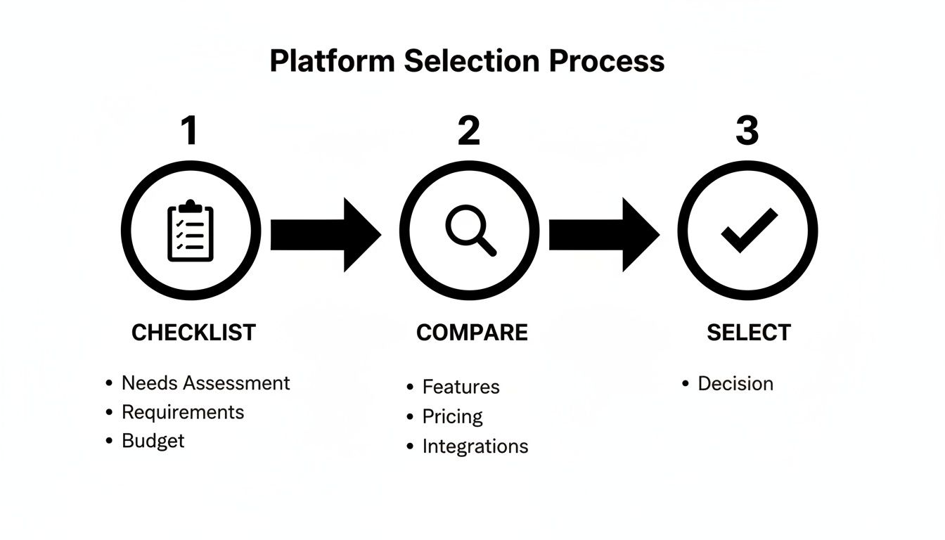 Diagram illustrating a 3-step platform selection process: Checklist, Compare, and Select with details.