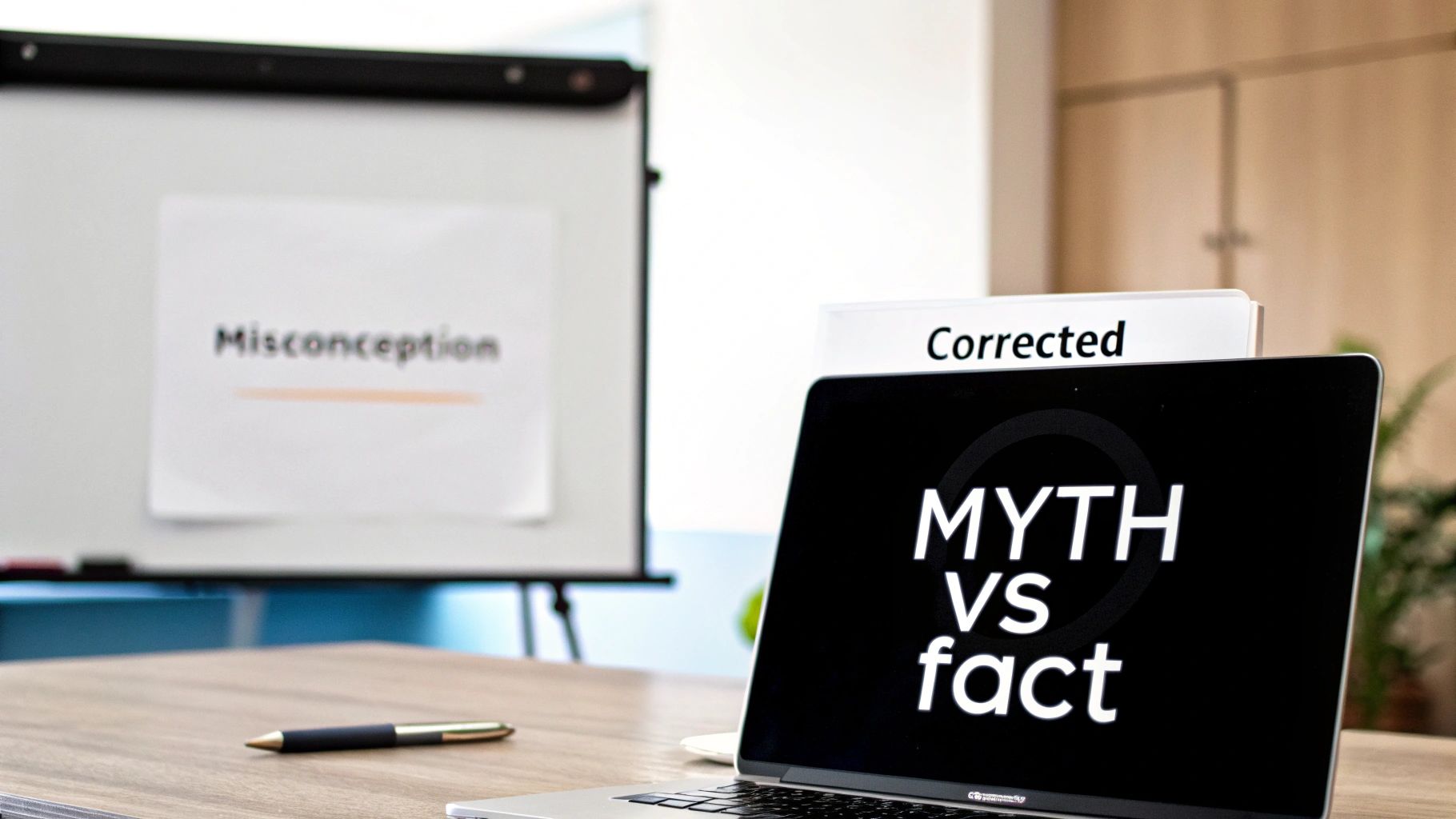 A laptop screen displays 'MYTH vs fact' next to a 'Corrected' folder, with 'Misconception' on a whiteboard.