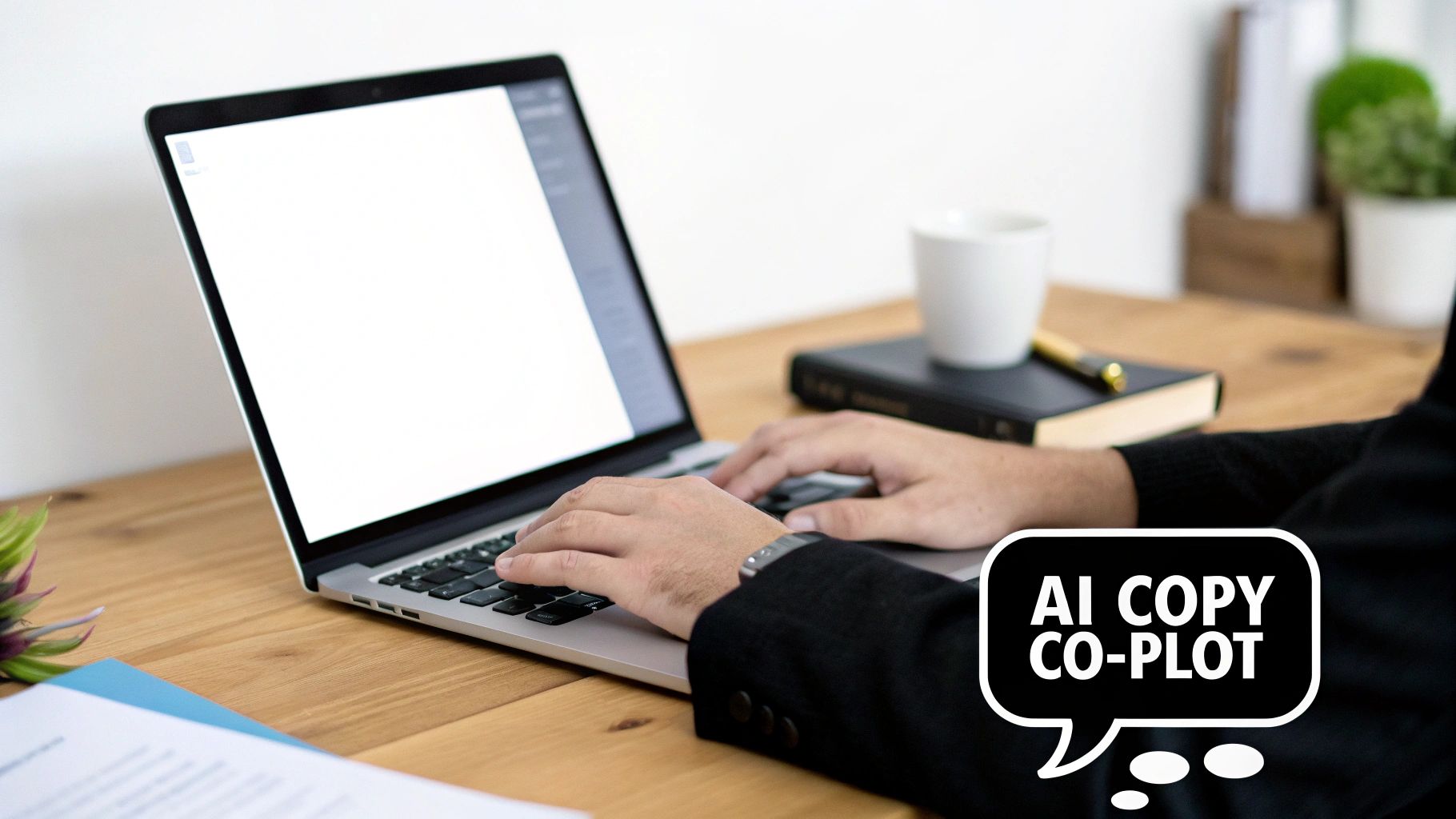 Hands typing on a laptop with a speech bubble showing 'AI COPY CO-PLOT' on a wooden desk.
