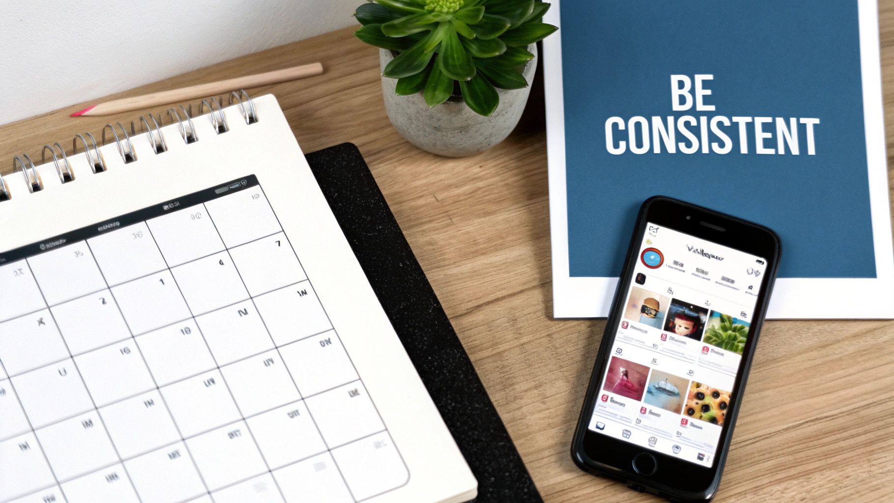 A calendar and a smartphone displaying a social media feed on a wooden desk, promoting consistency.