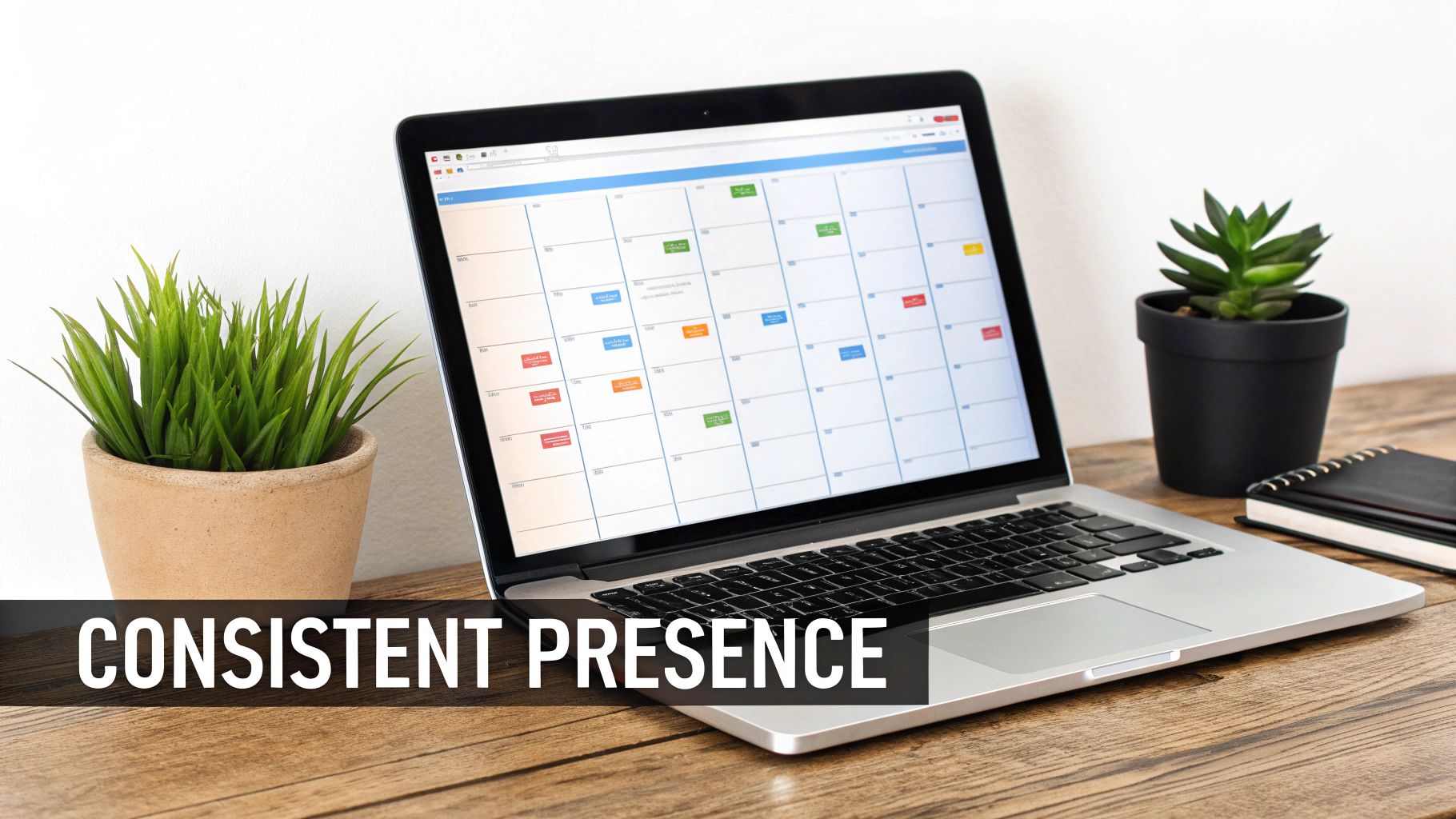A laptop displaying a detailed calendar application on a wooden desk with two potted plants.