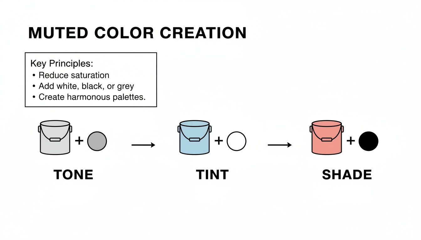 Diagram showing muted color creation: tone with grey, tint with white, and shade with black.