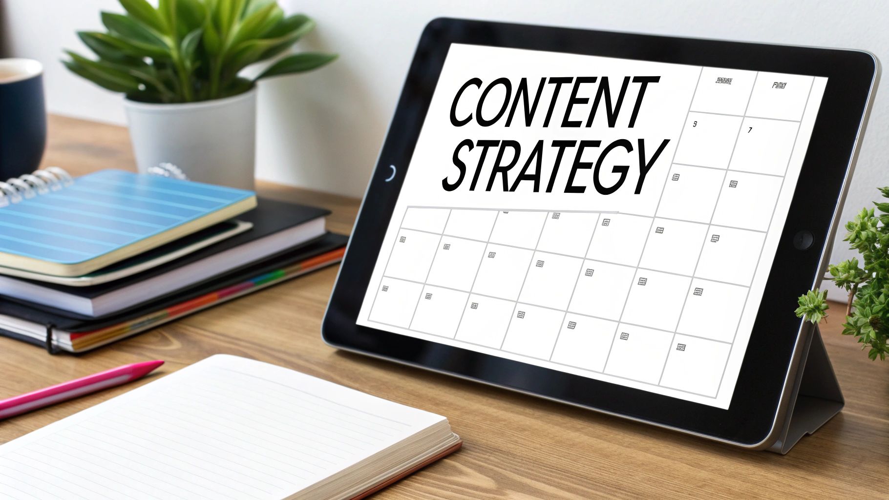 A tablet displays 'CONTENT STRATEGY' on a calendar, with notebooks and a pen on a desk.