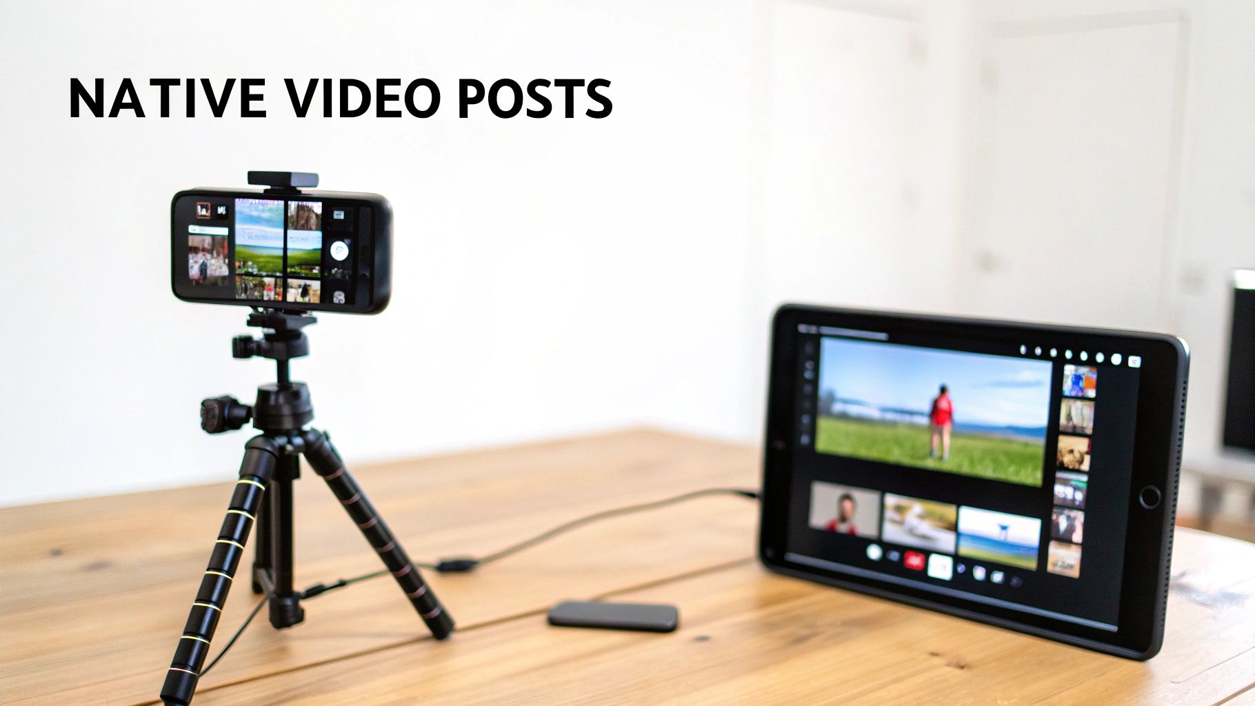 A smartphone on a tripod connected to a tablet displaying video content, with text 'NATIVE VIDEO POSTS'.