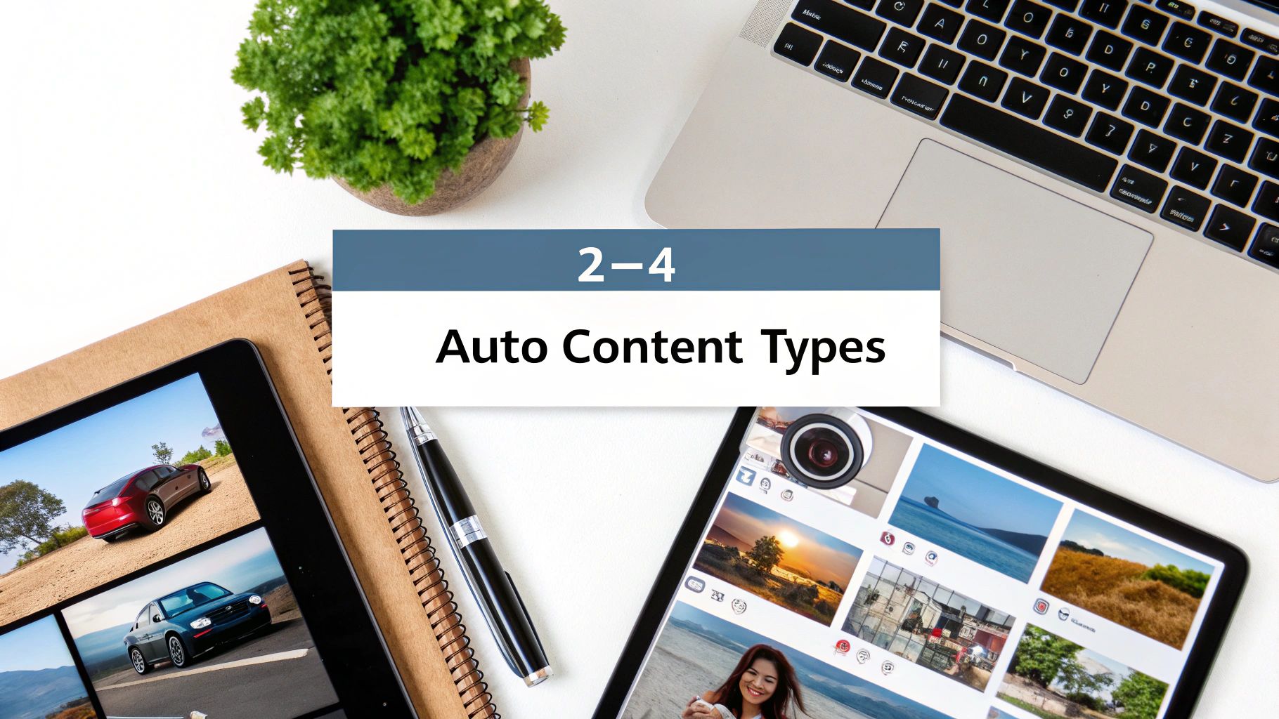 Flat lay of a desk with tablets, laptop, and plant. A banner reads '2-4 Auto Content Types'.