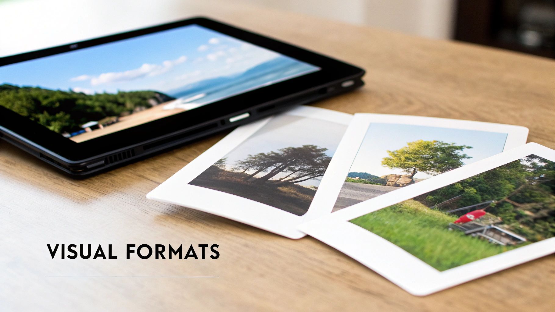 A tablet and multiple printed photos of nature on a wooden surface, labeled 