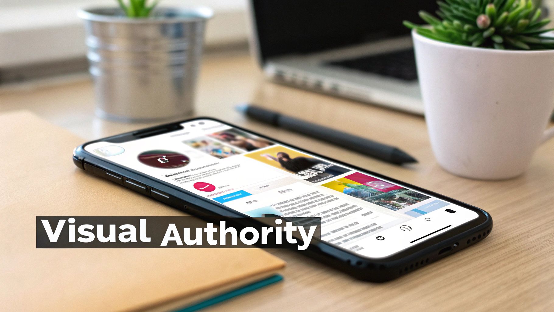 A close-up of a smartphone on a wooden desk displaying a social media profile, next to a laptop and plants.