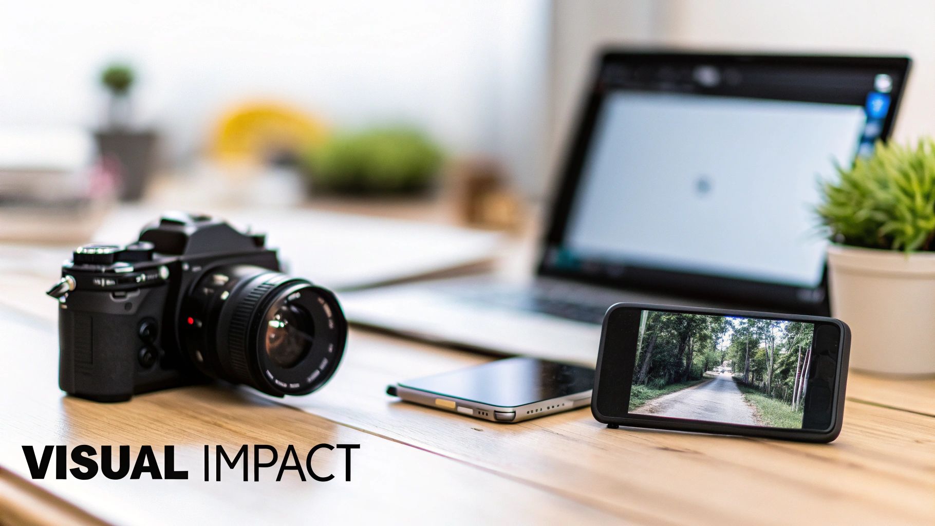 A creative workspace with a camera, two smartphones, and a laptop on a wooden table.