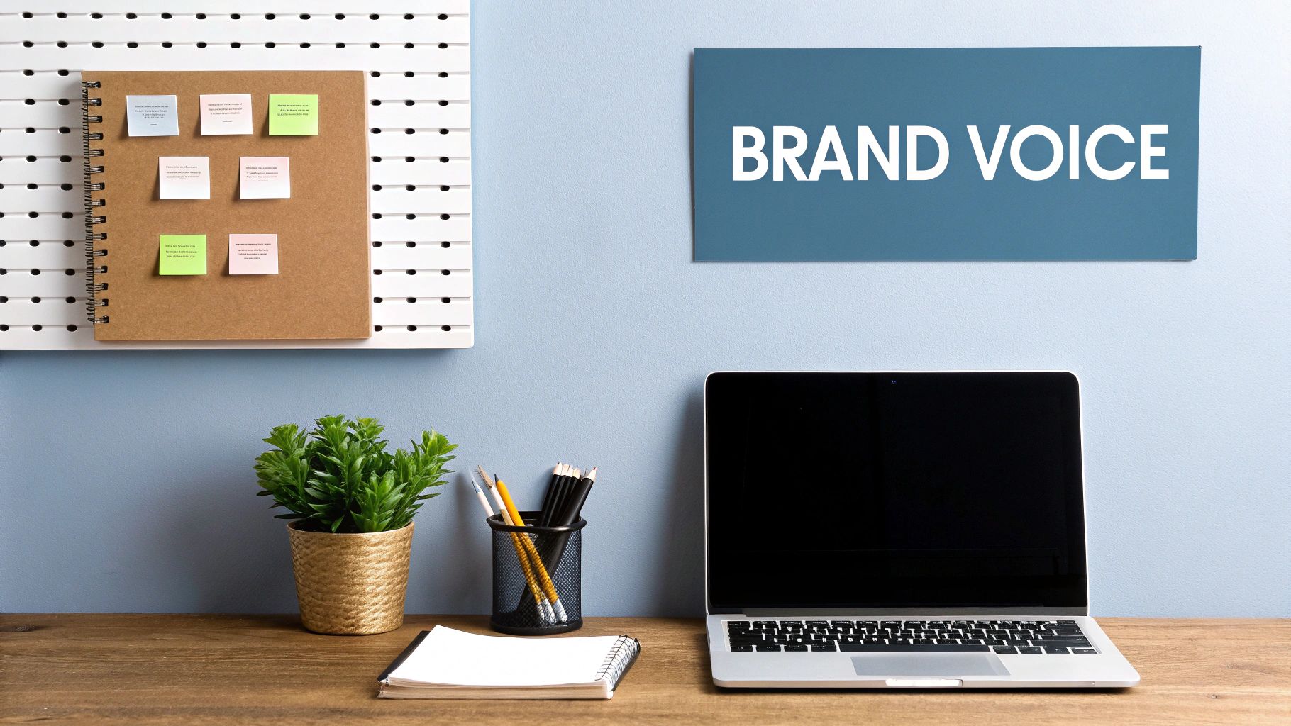 A professional workspace with a laptop, plant, 'BRAND VOICE' sign, and a pegboard with notes.
