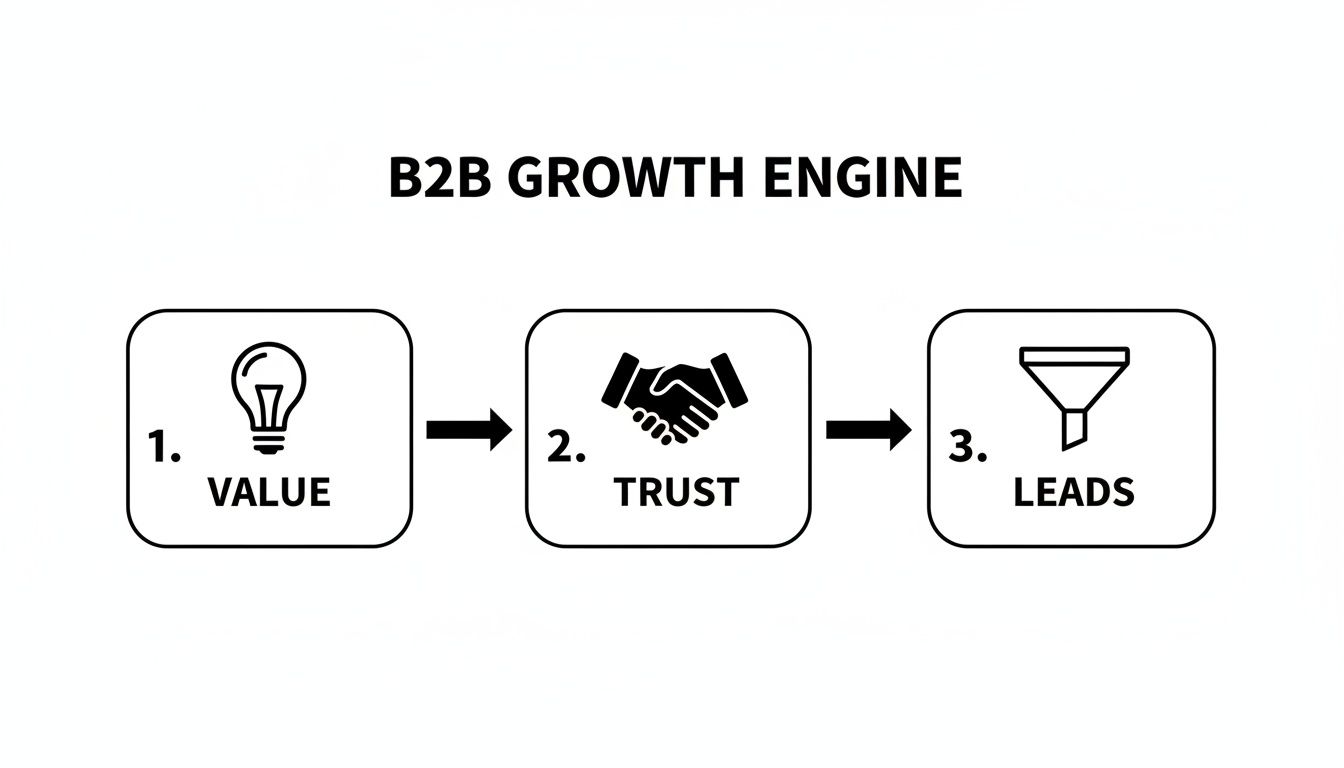 A B2B growth engine diagram illustrating three steps: 1. Value (lightbulb), 2. Trust (handshake), 3. Leads (funnel).