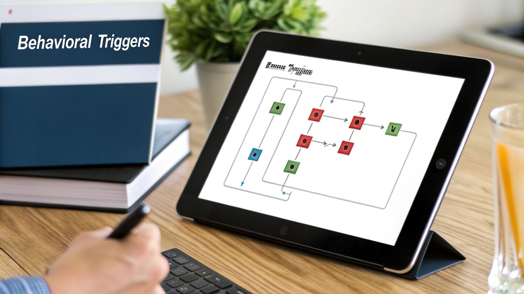 A person views a flowchart on a tablet, with 'Behavioral Triggers' book and keyboard nearby.