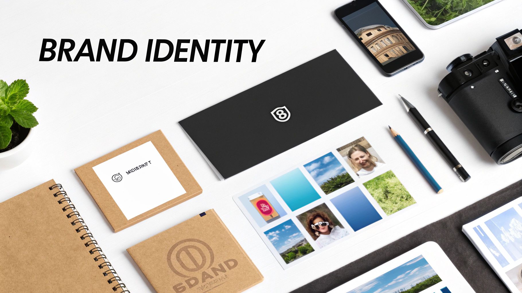 A creative flat lay displaying brand identity elements, including notebooks, a camera, and digital devices.