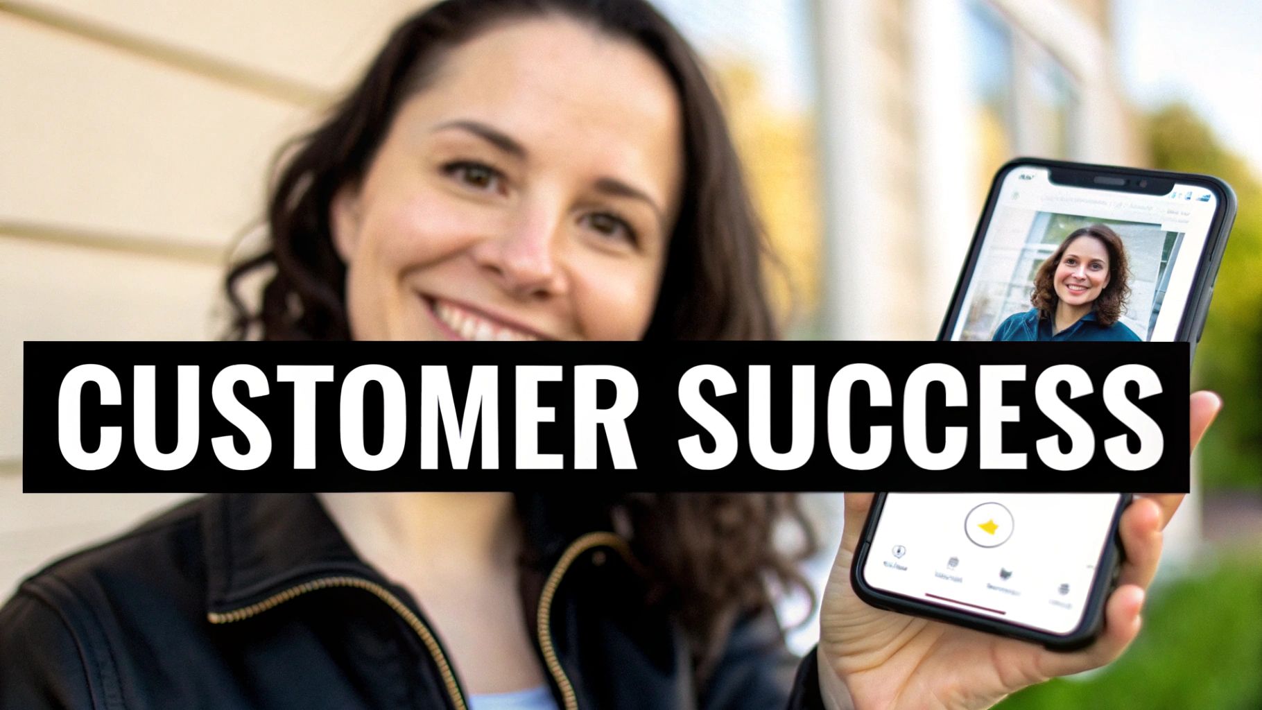 A smiling woman holds a smartphone displaying her photo, with 'CUSTOMER SUCCESS' text overlay.