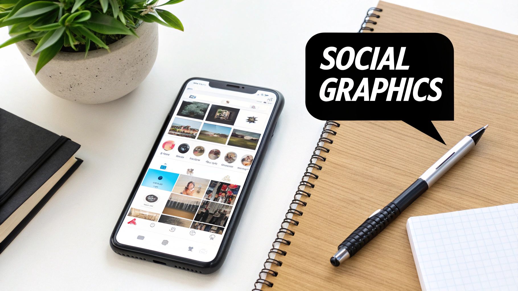 A desk setup with a smartphone displaying social media content, a plant, notebooks, and a pen, with a 'SOCIAL GRAPHICS' speech bubble.