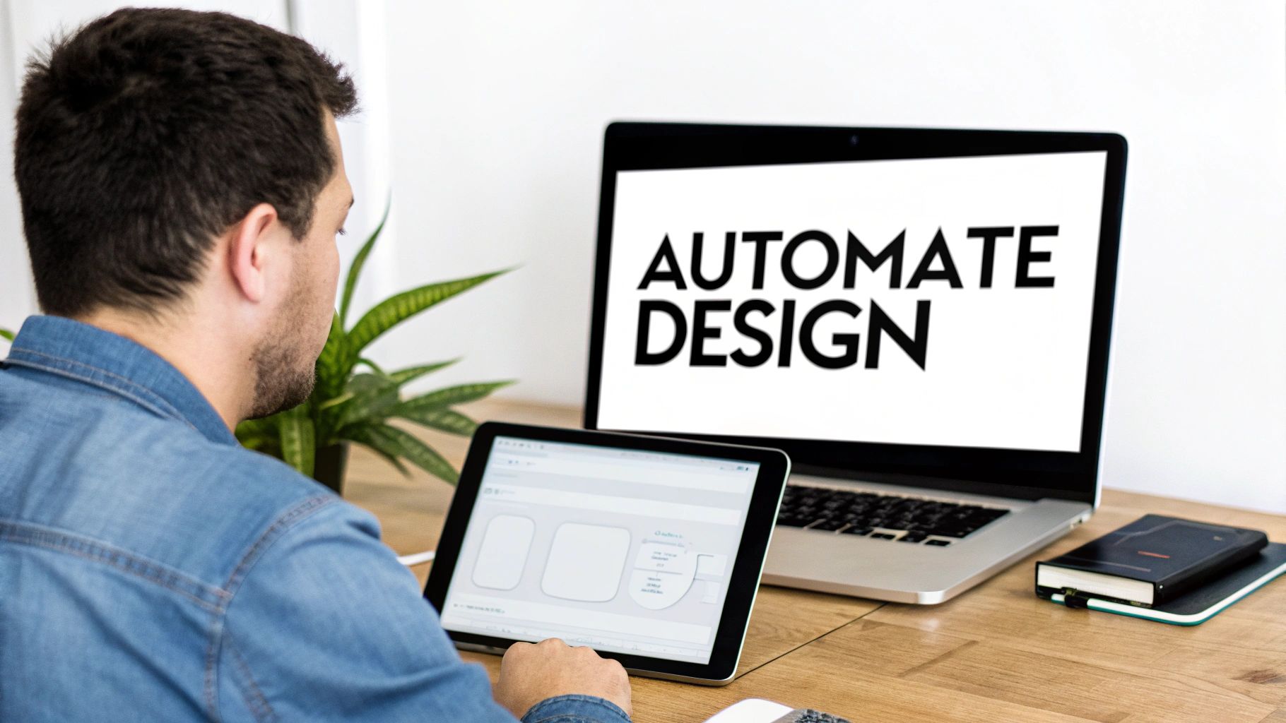 A man views a tablet while a laptop screen displays 'AUTOMATE DESIGN' on a wooden desk.