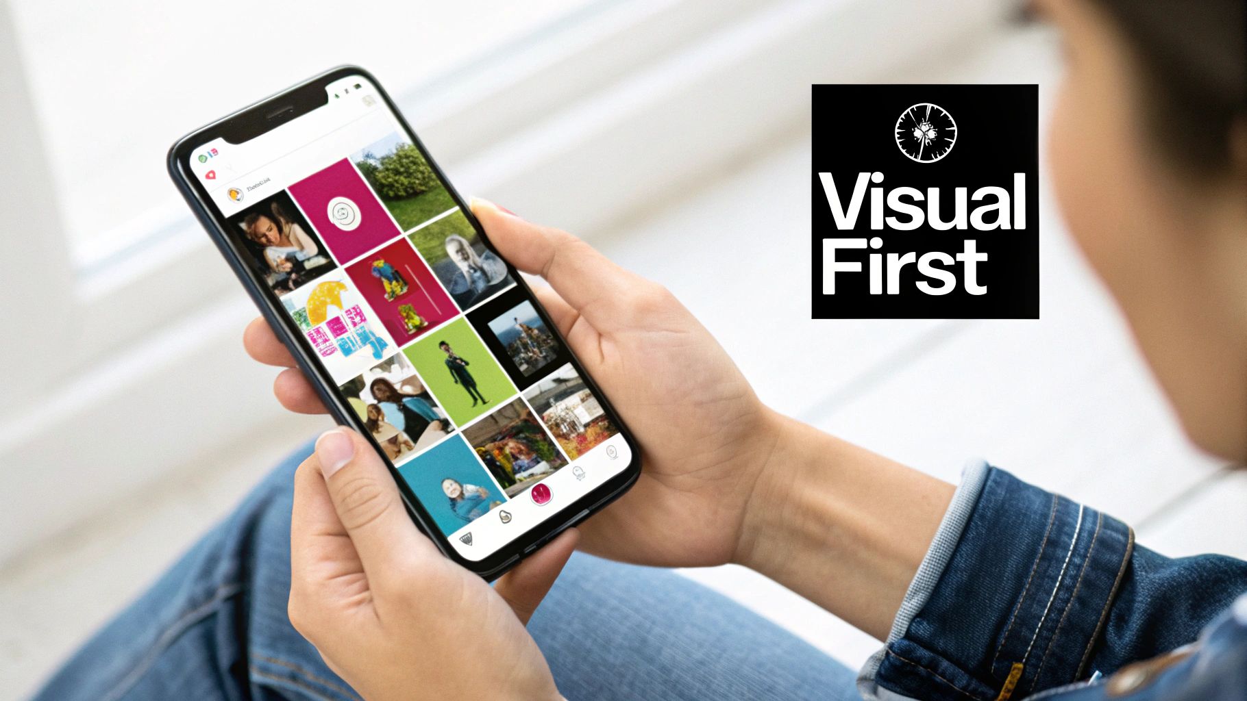 A person holds a smartphone displaying a photo gallery, with a 'Visual First' logo next to it.
