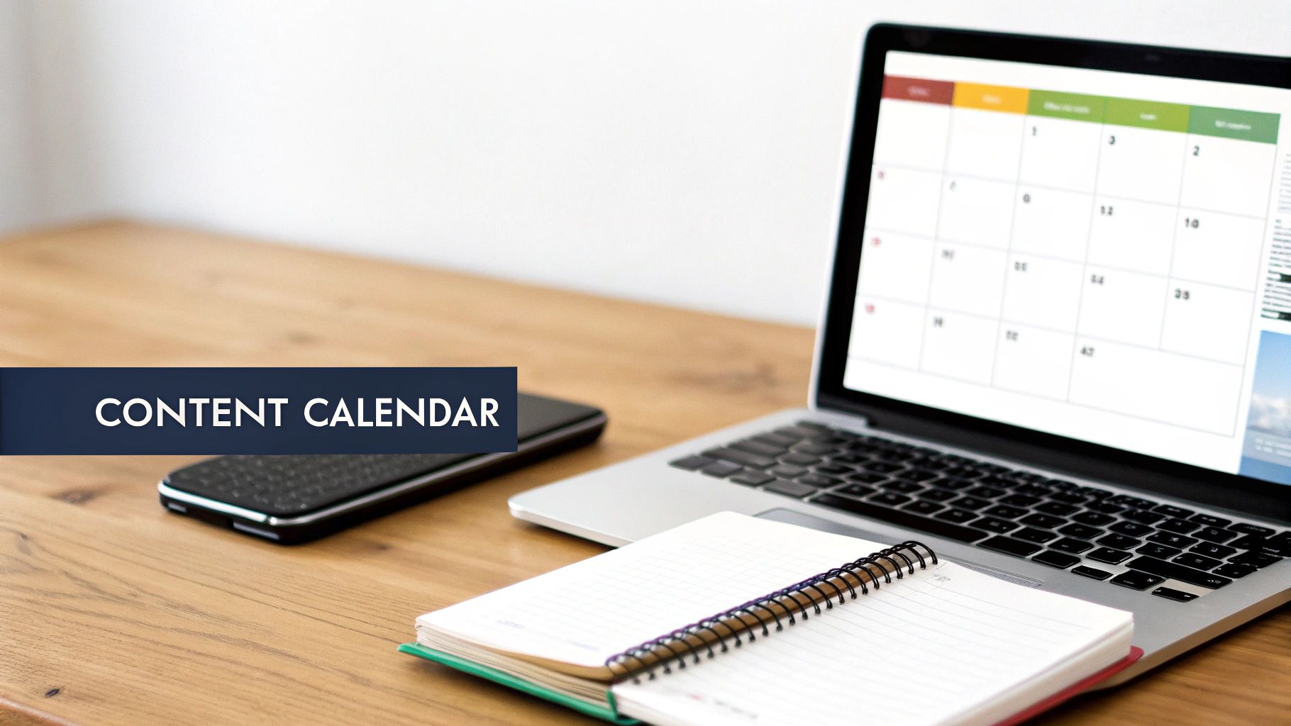 Content calendar displayed on laptop screen with notebook and smartphone on wooden desk workspace
