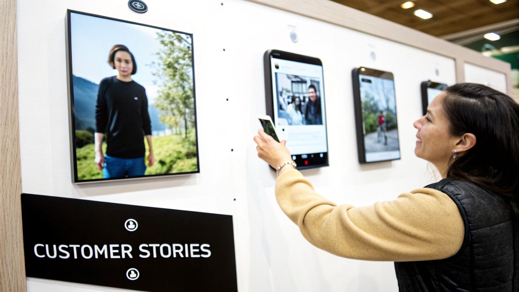 A woman uses her smartphone to scan interactive digital displays featuring customer stories at an exhibition.