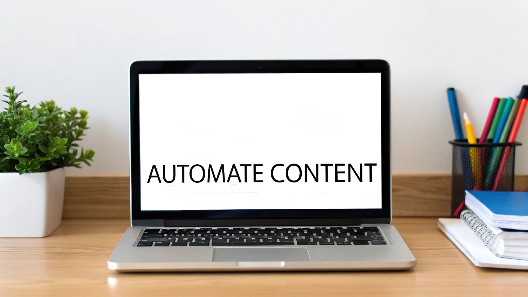 A laptop displaying 'AUTOMATE CONTENT' on a wooden desk with a plant and colorful stationery.