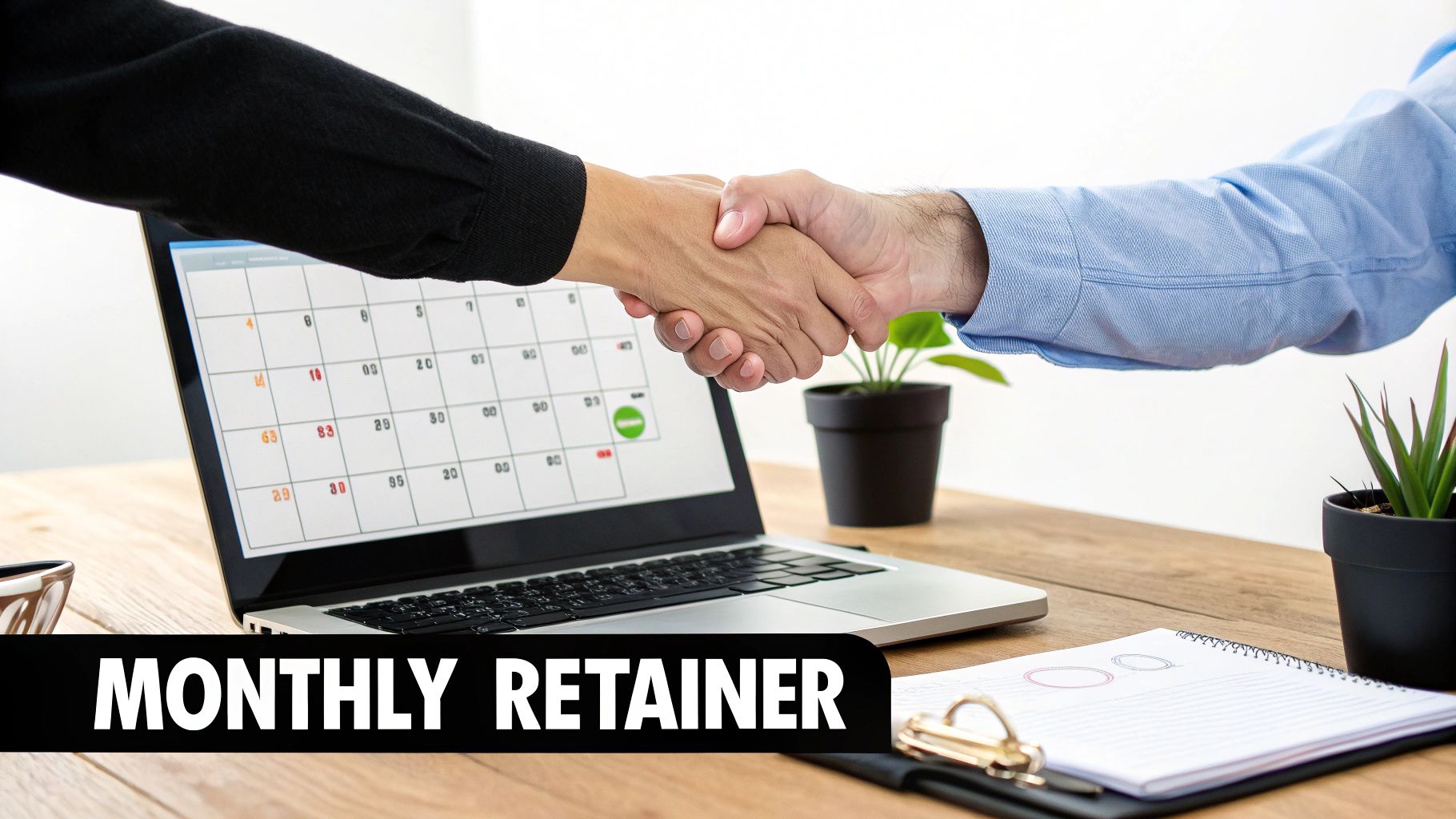 Two business people shaking hands over a laptop displaying a calendar, with 'Monthly Retainer' text.