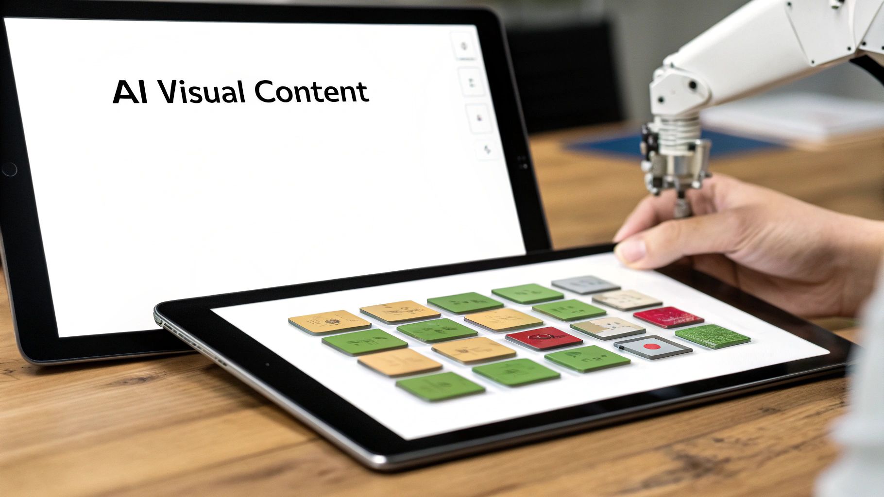 A robotic arm and human hand interact with two tablets displaying AI content and various visual tiles.