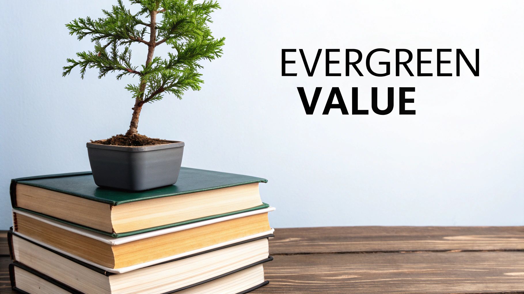 A potted evergreen bonsai tree rests on a stack of books, next to 'EVERGREEN VALUE' text.