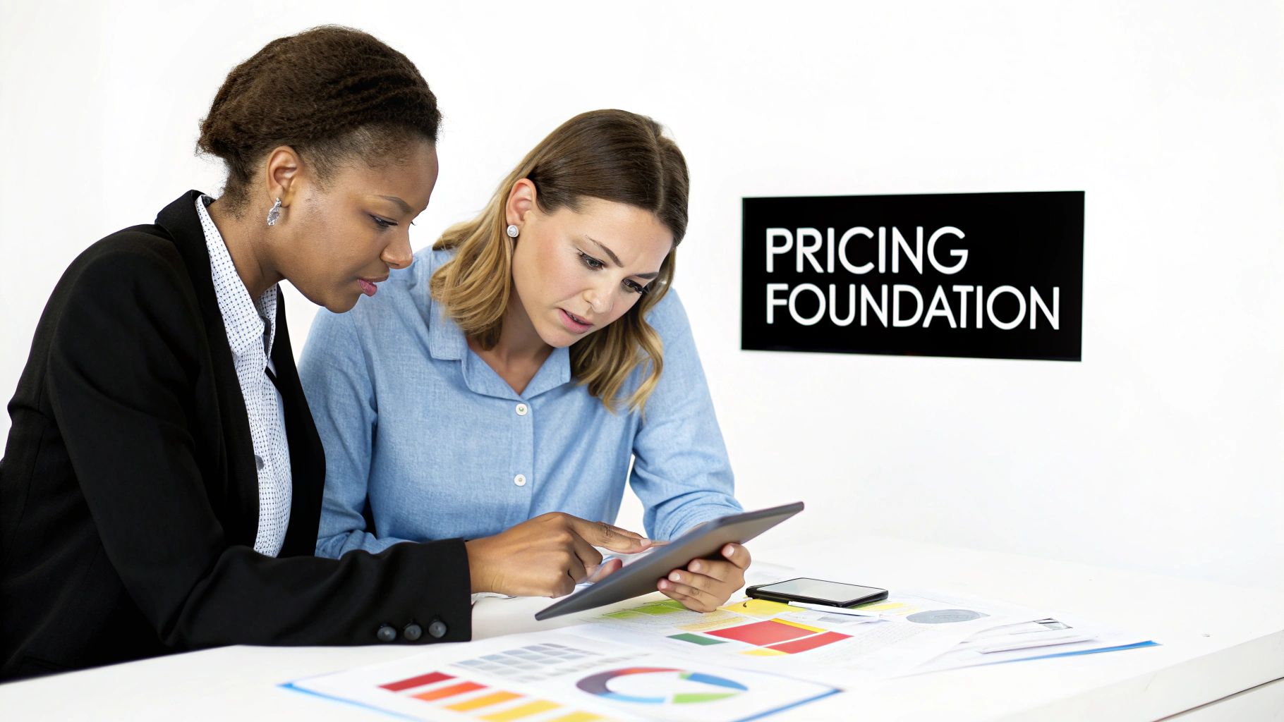 Two businesswomen collaborate on a tablet, analyzing data for pricing strategy with charts and a 'PRICING FOUNDATION' sign.