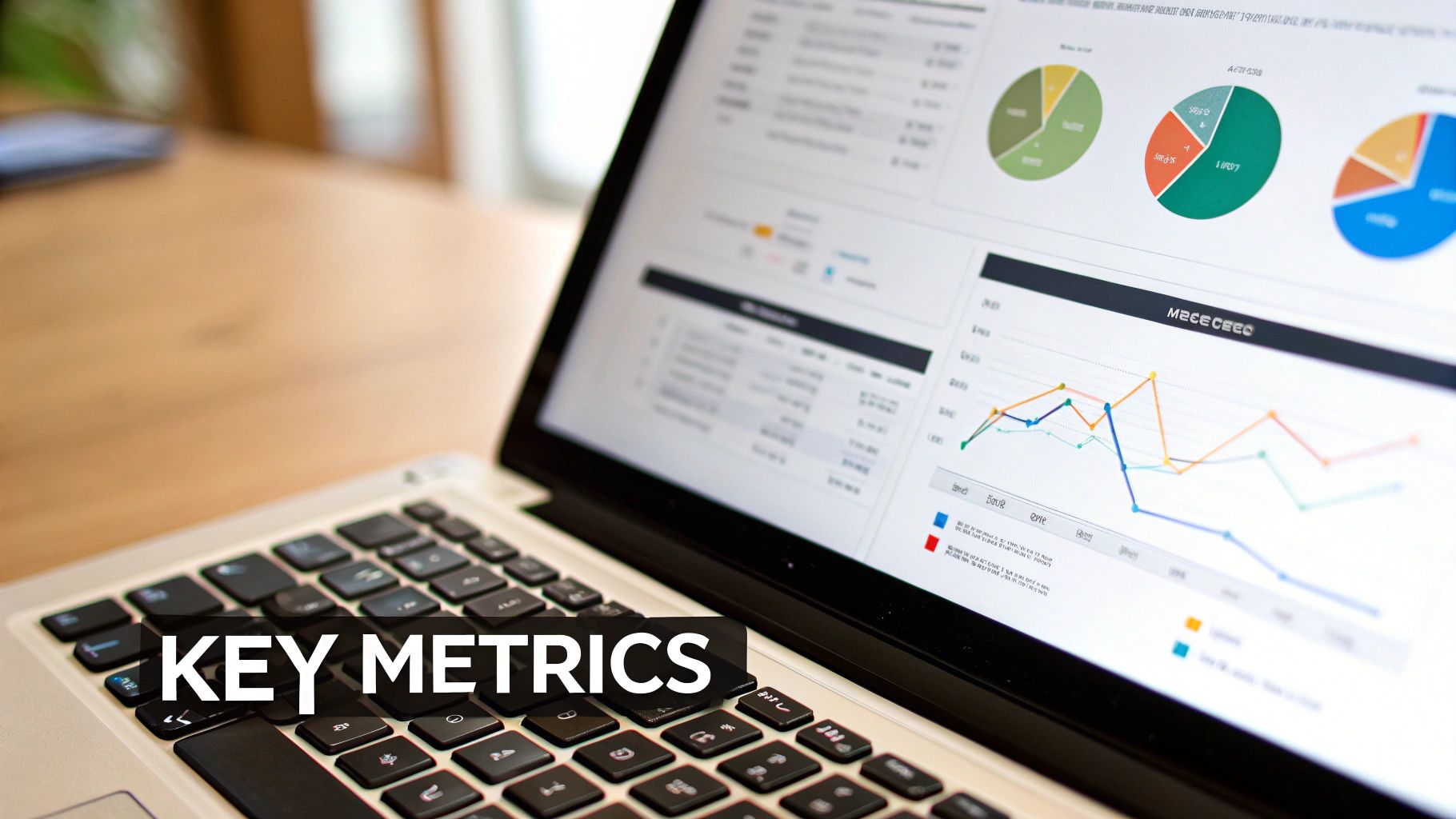 A laptop displays various business charts, graphs, and data tables with 'KEY METRICS' on the keyboard.