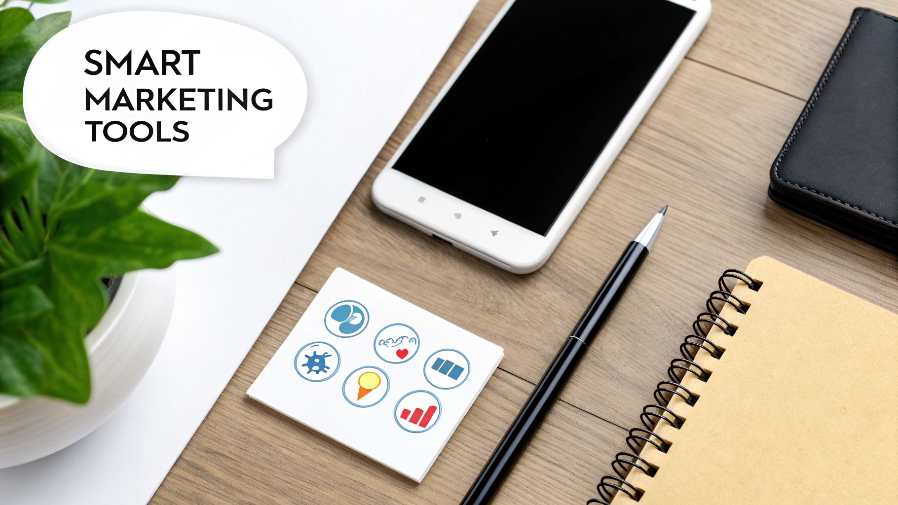 A flat lay of a desk with 