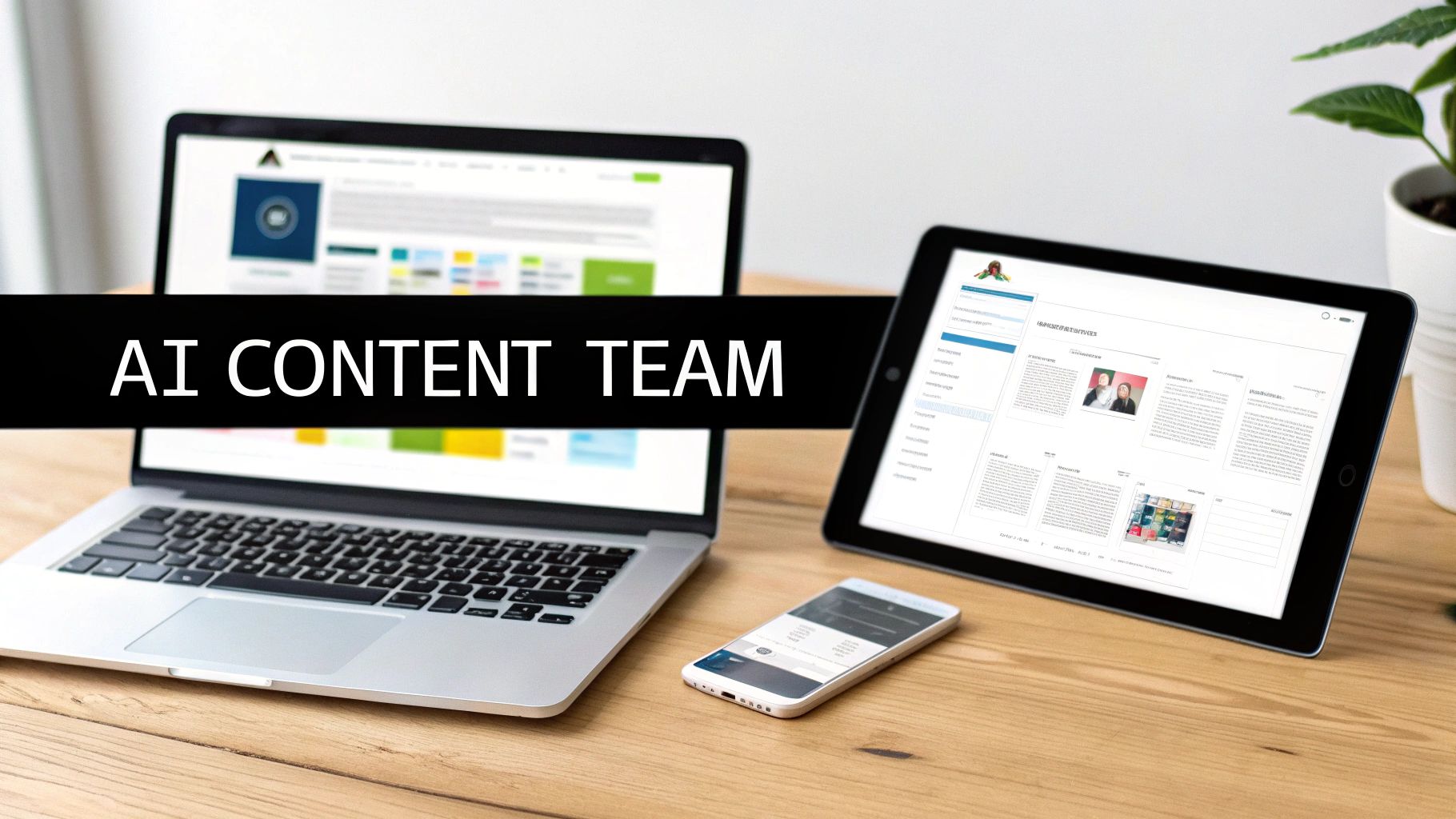 Digital devices on a desk, with a laptop, tablet, and smartphone, showing 'AI CONTENT TEAM' banner.