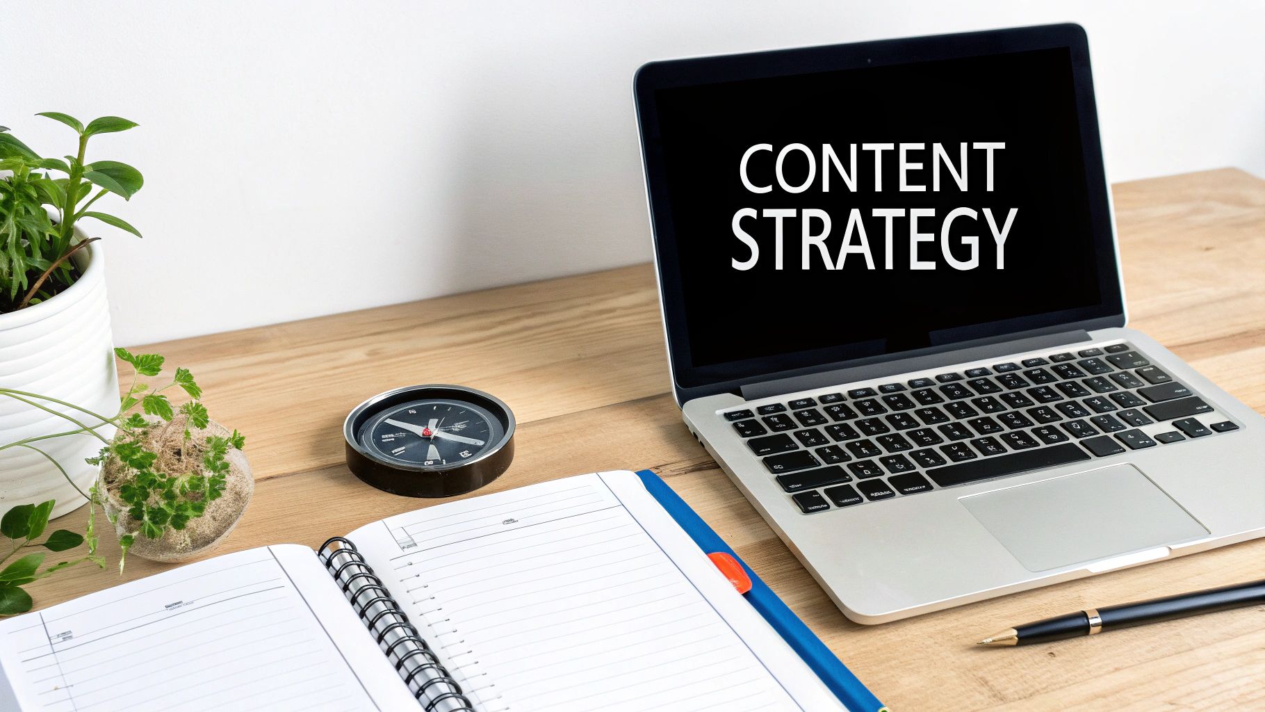 A wooden desk with a laptop showing 'CONTENT STRATEGY', an open notebook, pen, compass, and green plants.