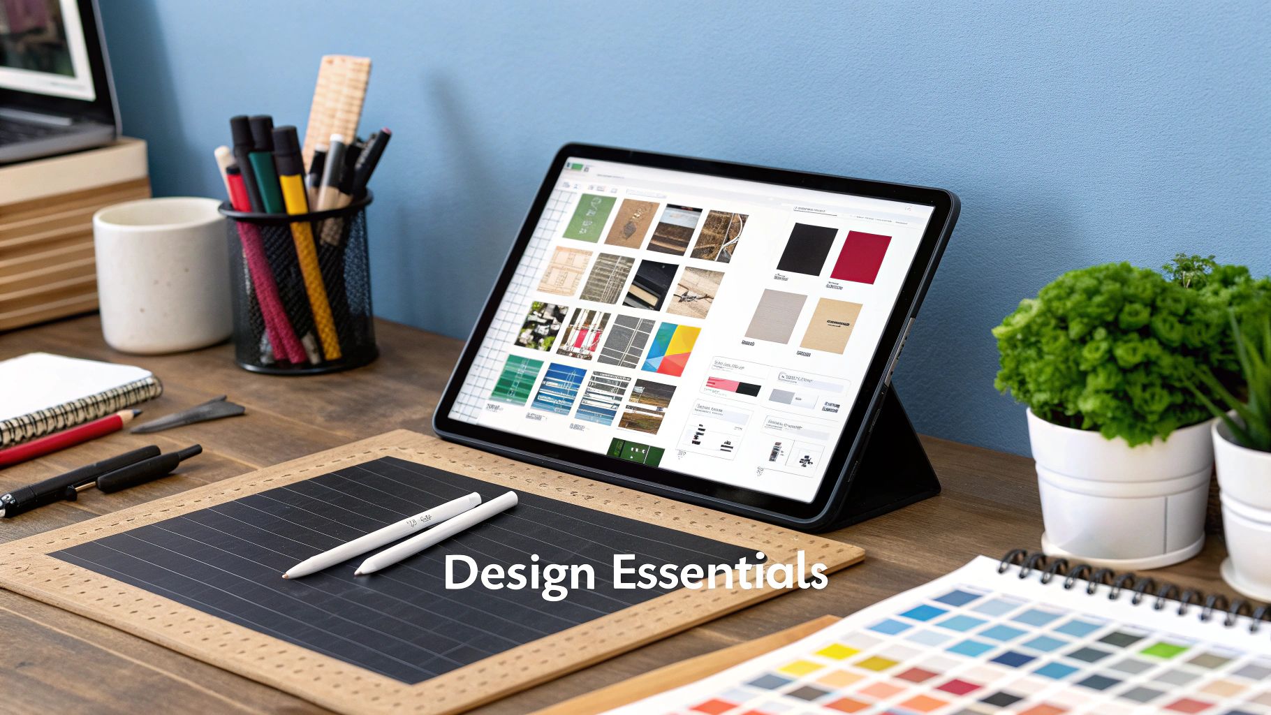 A vibrant workspace featuring a tablet displaying design concepts, drawing tools, and potted plants, highlighting creative essentials.