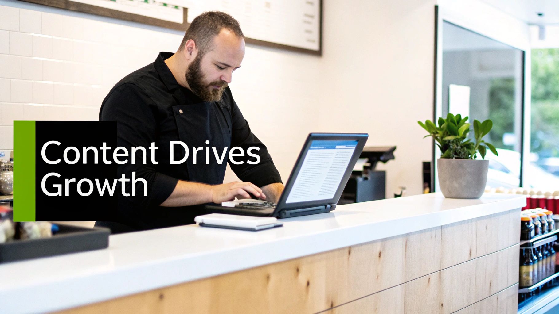 A person working on a content marketing strategy on a laptop with sticky notes and charts in the background.