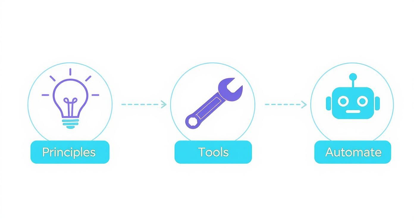 A diagram illustrating a three-step process: Principles (lightbulb), Tools (wrench), and Automate (robot).