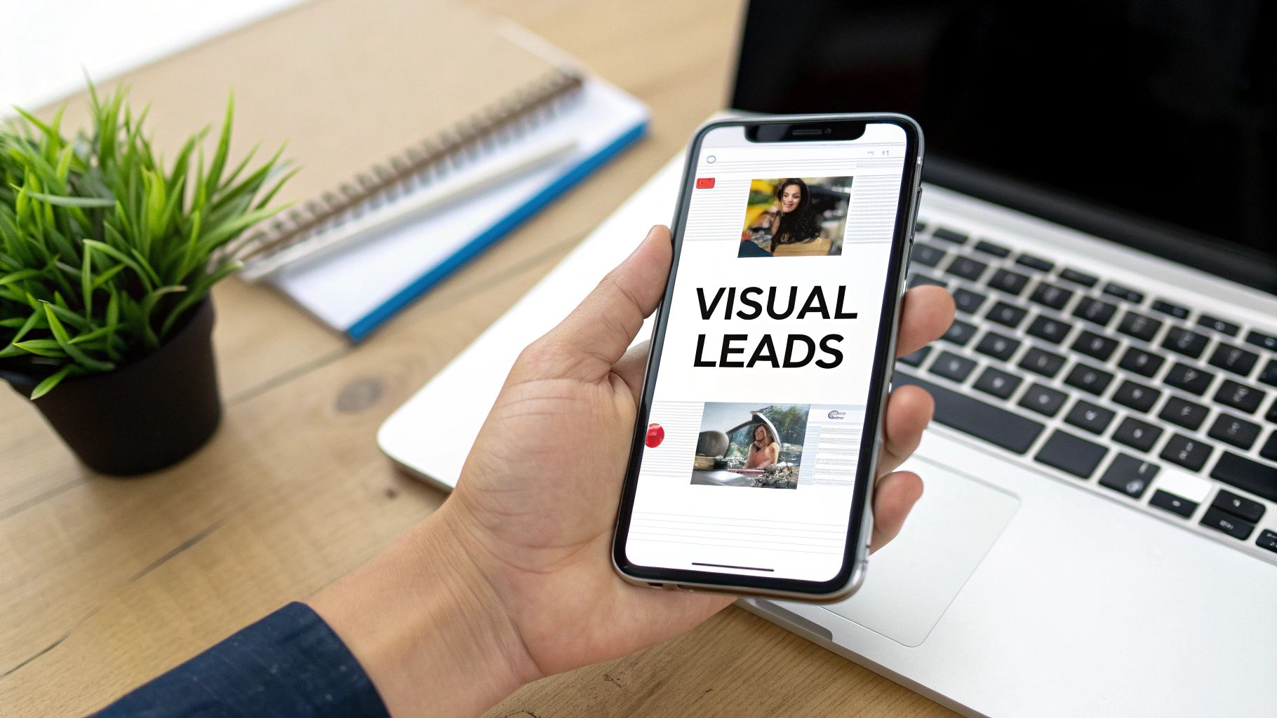A hand holds a smartphone displaying 'VISUAL LEADS' on its screen, with a laptop and plant on a wooden desk.