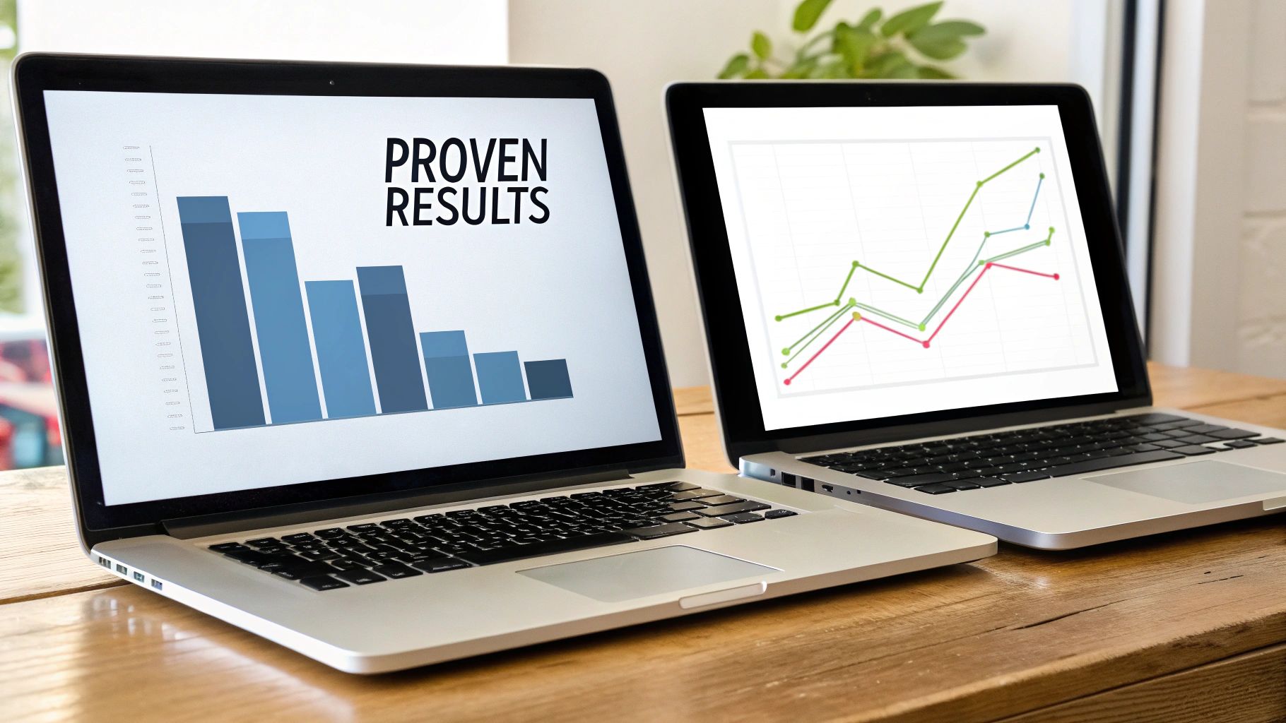 Two laptops on a wooden desk, one showing a bar chart with 'PROVEN RESULTS' and the other a line graph.
